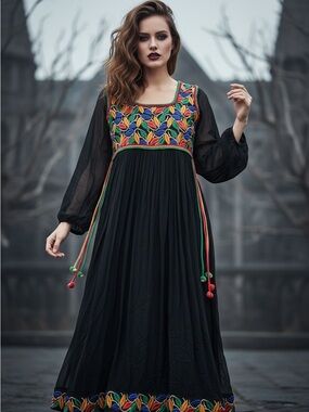 Vintage Y2K Level Eight India Black Sheer Embroidered Maxi Dress Boho Whimsigoth